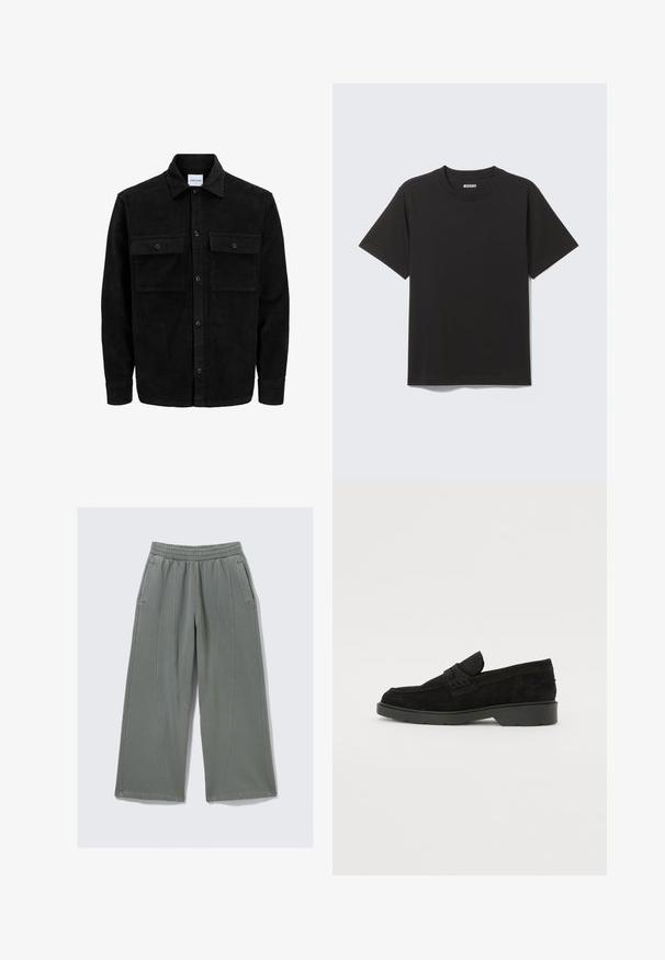 Mustmustöös nupuga jope, millel on kaks eesmist klapiga taskut ja klassikaline kaelus, pikad varrukad ning ribakujuline tekstuur.; Mustast pehmest puuvillast lühikeste varrukatega T-särk, millel on ümargune kaelus ja lihtne disain ilma mustrite või aktsentideta.; Heledad hallhalli avaradan, pehmest kangast püksid, millel on elastne vöökoht ja kaks küljetaskut, nähtavate õmbluste detailidega.; Mustad sametist loafers madala kontsaga, millel on lihtne riba ülaservas ja tekstuuritud detailid külgedel.