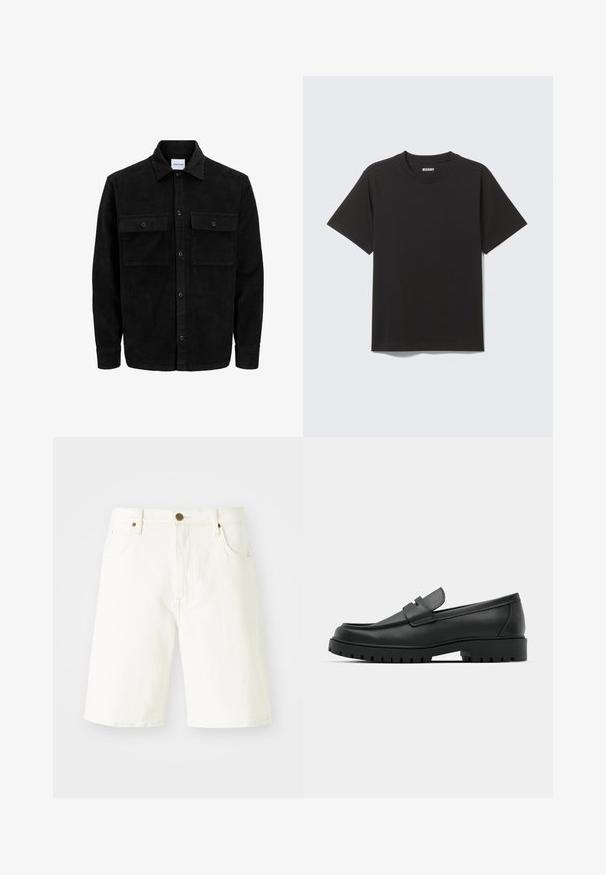 Črna kordurojska jakna z gumbi, z dvema sprednjima žepoma z zavihkom in klasičnim ovratnikom, dolgimi rokavi ter rebrasto teksturo.; Črna kratka majica iz mehke bombažne tkanine, z okroglim izrezom in preprostim dizajnom brez vzorcev ali poudarkov.; Beli jeansi kratke hlače s ravnim krojem, klasičnim pet-pocket dizajnom in z zapiranjem na bakren gumb. Gladka tekstura in obrobljeni robovi.; Črne usnjene loafers čevlje z zaobljenim nosom, ki imajo šivano zasnovo, nizko platformo in teksturiran, profiliran gumijast podplat.