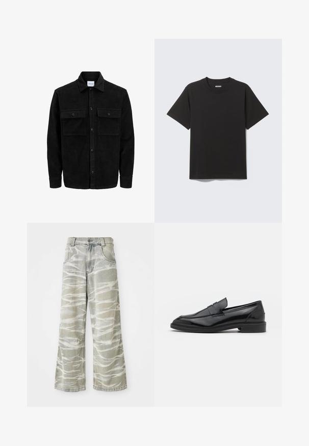 Černá kordurová košile s knoflíky, dvěma předními klopovými kapsami a klasickým límcem, dlouhými rukávy a vroubkovanou texturou.; Černé tričko s krátkým rukávem z měkké bavlny, s kulatým výstřihem a jednoduchým designem bez vzorů či akcentů.; Světle šedé džíny s širokými nohavicemi, zdobené bílými abstraktními vzory, pěti kapsami a předním zapínáním na knoflík. Detaily na ošoupaném lemu.; Černé kožené mokasíny s hladkým povrchem, s kulatou špičkou a úzkým páskem přes svršek. Nízký vrstvený podpatek.