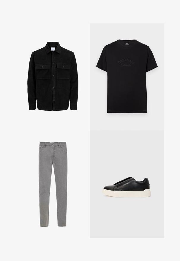 Crni kožni kord jakna na dugmad s dva prednja džepa s preklopom i klasičnim ovratnikom, dugim rukavima i rebrastom teksturom.; Crna pamučna majica s kratkim rukavima i okruglim izrezom. Na prednjoj strani se ističe natpis "ORIGINALS Studio" u toniranim slovima.; Sive traperice s uskim krojem, pet džepova, petljama za remen i jednim dugmetom za zatvaranje. Tekstura je malo istrošena za ležeran izgled.; Crne slip-on tenisice s teksturiranim kožnim gornjištem, bijelim gumeni potplat i bez vidljivih vezica. Sadrži logotip marke sa strane.