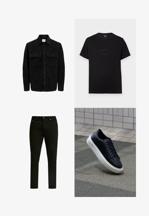 Mustat corduroy-nappi takki, jossa on kaksi etupistotaskua ja klassinen kaulus, pitkät hihat ja ribattu pinta.; Mustat puuvillapaitat lyhyillä hihoilla ja pyöreällä kaula-aukolla. Edessä on tonalisessa kirjonnassa "ORIGINALS Studio".; Mustat farkut, joissa on slim fit -malli, klassinen viisi taskua -design, metallinen napitus ja hienovaraiset ompeluyksityiskohdat.; Mustat nahkakengät, joissa on pyöristetty kärki ja valkoinen kumipohja. Varusteena litteät nauhat ja minimaalinen ommel ylhäällä. Teksturoitu pohja pitävyyden lisäämiseksi.