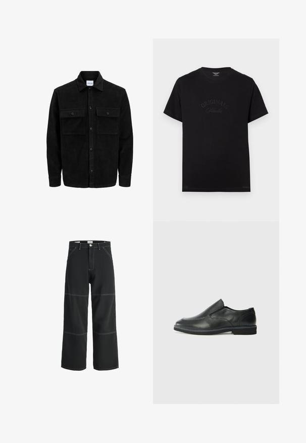 Schwarze Corduroy-Button-Up-Jacke mit zwei frontalem Klappentaschen und klassischem Kragen, langen Ärmeln und gerippter Textur.; Schwarzes Baumwoll-T-Shirt mit kurzen Ärmeln und rundem Halsausschnitt. Auf der Vorderseite befindet sich der Schriftzug "ORIGINALS Studio" in eingeprägten, tonalen Buchstaben.; Schwarze, weit geschnittene Hosen aus strapazierfähigem Stoff, mit kontrastierenden weißen Nähten, zwei Fronttaschen und einem einknopfigen Bundverschluss.; Schwarze Leder-Slipper mit glattem Obermaterial, gesteppten Akzenten, runder Zehenpartie und niedrigem Gummiabsatz. Die Sohle hat ein minimales Profil.