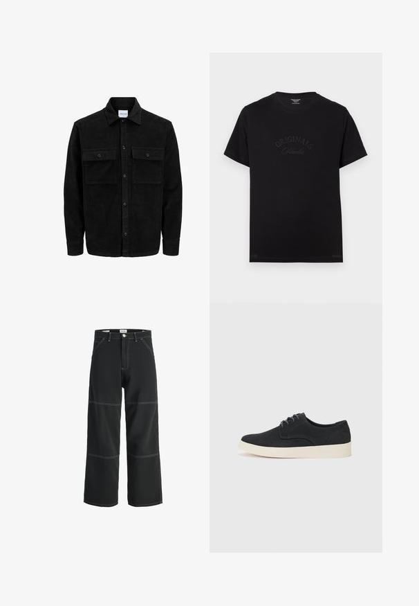 Sort fløjl button-up jakke med to frontlommer og klassisk krave, lange ærmer og ribbet tekstur.; Sort bomulds t-shirt med korte ærmer og rund halsudskæring. Har "ORIGINALS Studio" prægede i tonal skrift på forsiden.; Sort brede bukser lavet af slidstærkt stof, med kontrasterende hvid syning, to forlommer og en enkelt knaplukning i taljen.; Sort ruskind snørebåndssko med rund tå, let cremefarvet sål og diskrete blå sy-accents på overdelen.