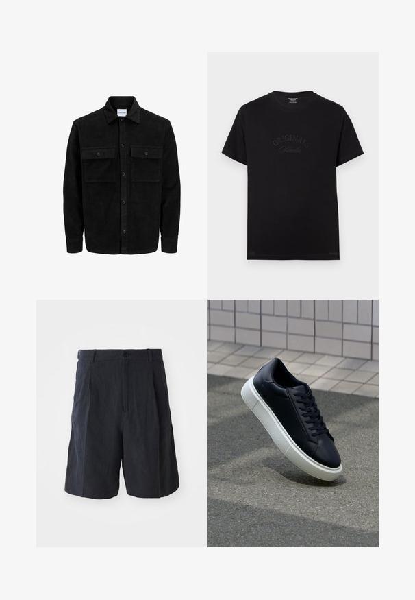 Black corduroy button-up jacket with two front flap pockets and a classic collar, long sleeves, and ribbed texture.; Black cotton t-shirt with short sleeves and a round neckline. Features "ORIGINALS Studio" embossed in tonal lettering on the front.; Weekday LOOSE SUIT - Shorts - black; Black leather sneaker with rounded toe and white rubber sole. Features flat laces and minimal stitching on the upper. Textured sole for grip.