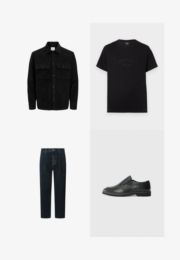 Crni kožni kord jakna na dugmad s dva prednja džepa s preklopom i klasičnim ovratnikom, dugim rukavima i rebrastom teksturom.; Crna pamučna majica s kratkim rukavima i okruglim izrezom. Na prednjoj strani se ističe natpis "ORIGINALS Studio" u toniranim slovima.; Tamno plave traperice s širokim krojem, visokog struka, s nabranjima, prednjim kopčanjem na dugme i zlatnim kontrastnim šavovima.; Crne kožne cipele na sklapanje s glatkom gornjom površinom, prošivenim detaljima, zaobljenim vrhom i niskim gumene potplate. Potplat ima minimalne uzorke.