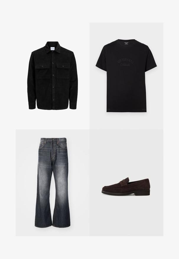 Black corduroy button-up jacket with two front flap pockets and a classic collar, long sleeves, and ribbed texture.; Black cotton t-shirt with short sleeves and a round neckline. Features "ORIGINALS Studio" embossed in tonal lettering on the front.; Weekday TIME LOOSE BOOTCUT - Straight leg jeans - ash black; Brown suede loafers with a low profile and rounded toe. Features a decorative strap across the upper, flat rubber sole, and no visible stitching.