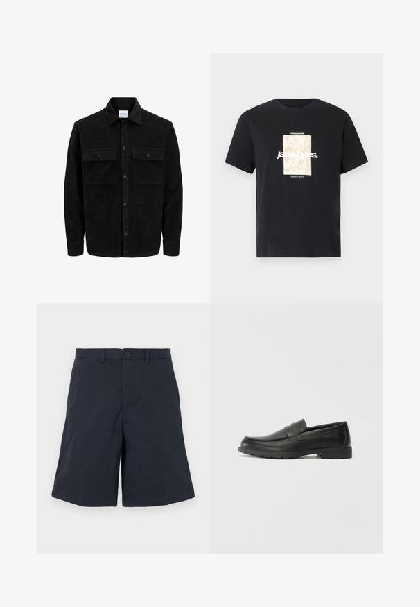Melnas kordūru pogu jaka ar divām priekšējām atloka kabatām un klasisku apkakli, garām piedurknēm un ribotu tekstūru.; Melna kokvilnas T-kreklā ar apaļu kakla izgriezumu. Priekšpusē ir beigu taisnstūra grafika un balti burti "JAWO", kas ir centrēti. Īsas piedurknes.; Navy zilie šorti, izgatavoti no kokvilnas, ar pogas aizdari, sānu kabatām un taisnu kāju piegriezumu. Audumam ir maiga struktūra.; Melnas ādas loafers ar gludu apdari, mokasīnu stila augšdaļu, šūtu detalizāciju un gumijas zoli. Klasisks dizains ar zemu papēdi.