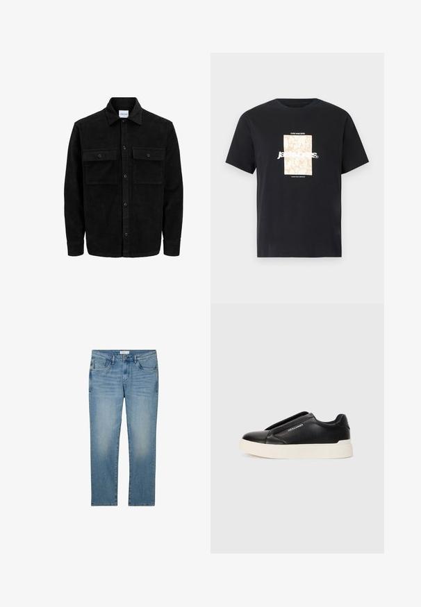 Mustmustöös nupuga jope, millel on kaks eesmist klapiga taskut ja klassikaline kaelus, pikad varrukad ning ribakujuline tekstuur.; Mustmust mustäriga T-särk, millel on ümar kaelus. Esipaneelil on beež ristkülikukujuline graafika ja valge tekst "JAWO", mis on keskendatud. Lühikesed varrukad.; Sinine denim kangas, sirge lõikega püksid, viie taskuga ja tuhmunud viimistlusega. Kangas on sileda tekstuuriga ja kerge venitusega.; Must musta kingad tekstureeritud nahast pealmise osaga, valge kummist tallaga ja nähtamatute paeltega. Küljel on brändi logo.