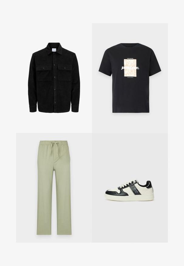 Schwarze Corduroy-Button-Up-Jacke mit zwei frontalem Klappentaschen und klassischem Kragen, langen Ärmeln und gerippter Textur.; Schwarzes Baumwoll-T-Shirt mit Rundhalsausschnitt. Hat eine beige rechteckige Grafik und weißen Text "JAWO", zentriert auf der Vorderseite. Kurze Ärmel.; Hosen in hellolivgrün, aus weichem Stoff gefertigt. Verfügt über einen elastischen Bund mit Kordelzug und gerade, lockere Beine.; Leder-Sneaker in Schwarz- und Cremetönen, mit perforierten Akzenten, einem gepolsterten Kragen und einer strukturierten Laufsohle.