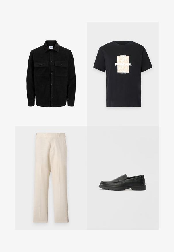 Schwarze Corduroy-Button-Up-Jacke mit zwei frontalem Klappentaschen und klassischem Kragen, langen Ärmeln und gerippter Textur.; Schwarzes Baumwoll-T-Shirt mit Rundhalsausschnitt. Hat eine beige rechteckige Grafik und weißen Text "JAWO", zentriert auf der Vorderseite. Kurze Ärmel.; Beige Hosen aus gewebtem Stoff mit glatter Textur, mit flachem Vorderteil, Seitentaschen und geradem Bein.; Schwarze Lederloafers mit glatter Oberfläche, Mokassin-oberteil, genähten Details und Gummisohle. Klassisches Design mit niedrigem Absatz.