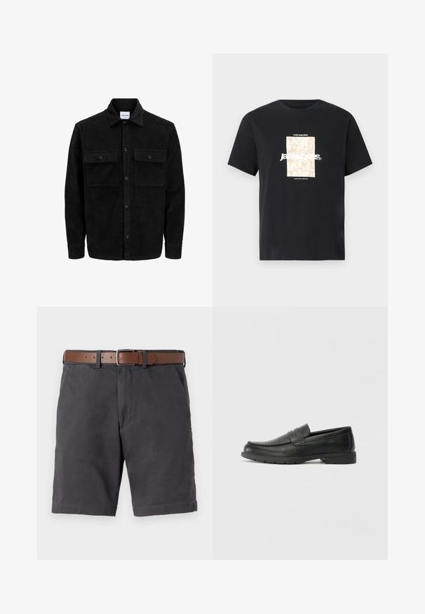 Jachetă din catifea neagră, cu butoni, două buzunare frontale cu clapetă și un guler clasic, mâneci lungi și textură ribbed.; Tricou negru din bumbac cu guler rotund. Prezentând o grafică rectangulară bej și text alb, "JAWO," centrat pe față. Mâneci scurte.; Șorturi din bumbac gri închis, caracterizate printr-un cureaua de piele maro, buzunare frontale și detalii de tiv cusute.; Labeled cu oglindă din piele neagră cu un finisaj neted, partea superioară în stil mocasin, detalii cusute și o talpă din cauciuc. Design clasic cu un toc jos.