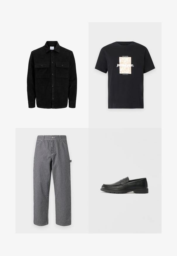 Crni kožni kord jakna na dugmad s dva prednja džepa s preklopom i klasičnim ovratnikom, dugim rukavima i rebrastom teksturom.; Crna pamučna majica s okruglim izrezom. Ima bež pravokutni grafički prikaz i bijeli tekst "JAWO" centriran sprijeda. Kratki rukavi.; Prugaste hlače od mješavine pamuka, s vertikalnim crnim i bijelim prugama, zatvaranje na gumb i dizajn bočnih džepova.; Crne kožne mokasine s glatkom površinom, gornji dio u stilu mokasina, ojačani šavovi i gumeni potplat. Klasičan dizajn s niskom petom.