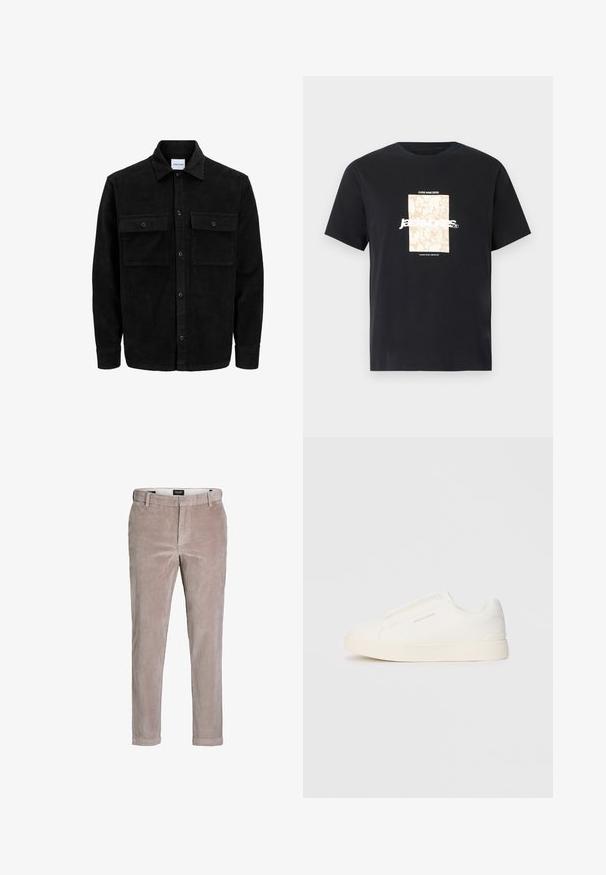 Črna kordurojska jakna z gumbi, z dvema sprednjima žepoma z zavihkom in klasičnim ovratnikom, dolgimi rokavi ter rebrasto teksturo.; Črna bombažna majica s krožnim izrezom. Ima bež pravokoten grafični vzorec in belo besedilo "JAWO," sredi spredaj. Kratke rokave.; Svetlobruni ozki kordurojski hlače s gumbom in zankami za pas, zasnovane za sproščeno ali polformalno nošenje.; Bele zapete brez vezalk z teksturirano površino, debelim podplatom in minimalističnim dizajnom. Na strani se nahaja logotip blagovne znamke.