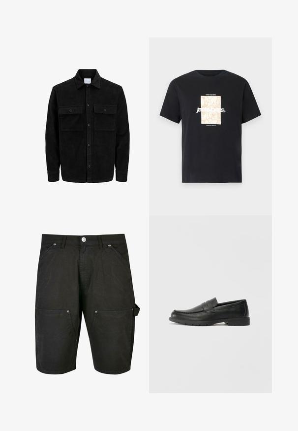 Melnas kordūru pogu jaka ar divām priekšējām atloka kabatām un klasisku apkakli, garām piedurknēm un ribotu tekstūru.; Melna kokvilnas T-kreklā ar apaļu kakla izgriezumu. Priekšpusē ir beigu taisnstūra grafika un balti burti "JAWO", kas ir centrēti. Īsas piedurknes.; Urban Classics DOUBLE KNEE CARPENTER - Šorti - black; Melnas ādas loafers ar gludu apdari, mokasīnu stila augšdaļu, šūtu detalizāciju un gumijas zoli. Klasisks dizains ar zemu papēdi.