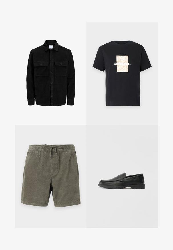 Sort fløjl button-up jakke med to frontlommer og klassisk krave, lange ærmer og ribbet tekstur.; Sort bomulds t-shirt med rund hals. Har et beige rektangulært grafik og hvid tekst, "JAWO," centreret foran. Korte ærmer.; Olivengrønne fløjlsshorts med elastisk talje og snøre, teksturerede lodrette ribber og sidelommer.; Sorte læderslippers med en glat finish, mokkasin-stil overdel, syninger og gummisål. Klassisk design med en lav hæl.