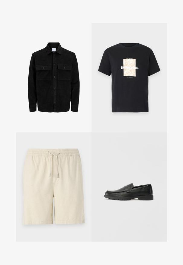 Giacca in corduroy nera con bottoni, due tasche anteriori con patta, colletto classico, maniche lunghe e texture a coste.; Maglietta in cotone nera con collo tondo. Presenta una grafica rettangolare beige e il testo bianco, "JAWO," centrato sulla parte frontale. Maniche corte.; Shorts beige chiaro realizzati in un tessuto texturizzato. Presentano una vita elasticizzata con coulisse e tasche laterali. Taglio classico e design casual.; Mocassini neri in pelle con una finitura liscia, parte superiore in stile mocassino, dettagli cuciti e suola in gomma. Design classico con tacco basso.