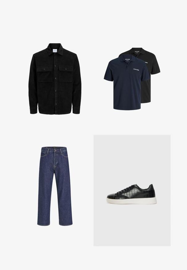 Černá kordurová košile s knoflíky, dvěma předními klopovými kapsami a klasickým límcem, dlouhými rukávy a vroubkovanou texturou.; Dvé polo trička: jedno námořnické s bílým logem a jedno černé. Obě mají klasický límec a krátké rukávy, vyrobené z lehké tkaniny.; Tmavě modré džíny z denimu se rovný střih, designem na pět kapes, kovovým zapínáním a kontrastním šitím, s jemnou texturou.; Černé tenisky s texturovaným vrškem z kůže s embosovaným hadím vzorem, kulatou špičkou a kontrastní bílou gumovou podrážkou s hladkým povrchem.