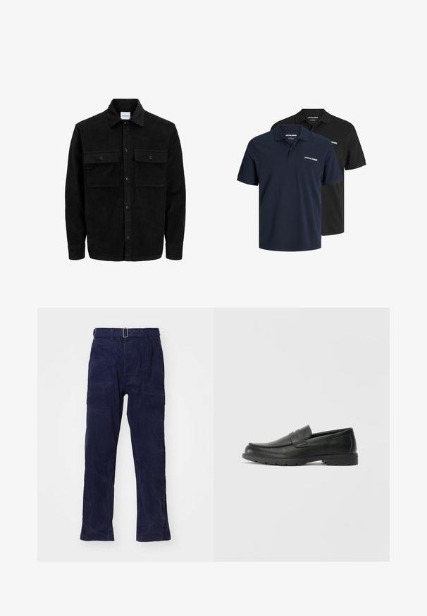 Mustmustöös nupuga jope, millel on kaks eesmist klapiga taskut ja klassikaline kaelus, pikad varrukad ning ribakujuline tekstuur.; Kaks polo särki: üks tumepunane valge logoga ja üks must. Mõlemal on klassikaline krae ja lühikesed varrukad, valmistatud kergest kangast.; Tumed sinised, laiad tööpüksid, mis on valmistatud vastupidavast kangast. Omavad kõrget vööd, vöölukke ja suuri küljetaskuid. Tekstuuriga viimistlus.; Musthave nahkkingad siledast nahast, mokassiini stiilis ülevalt, tikanditega ja kummist tallaga. Klassikaline disain madala kontsaga.