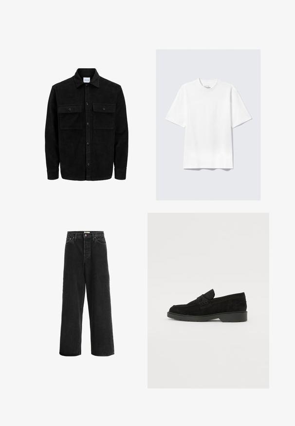Svart kordflodjacka med knappar, två framfickor med klaff och klassisk krage, långa ärmar och ribbad textur.; En enkel vit kortärmad t-shirt med avslappnad passform liggande platt på en ljusgrå bakgrund.; Svarta vida jeans i denimtyg. Har hög midja, två framfickor, knappstängning och subtila sömmar.; Svarta mockaloafers med låg klack, med ett enkelt band över ovandelen och texturerade detaljer längs sidorna.