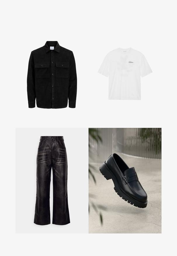 Melnas kordūru pogu jaka ar divām priekšējām atloka kabatām un klasisku apkakli, garām piedurknēm un ribotu tekstūru.; Balts kokvilnas t-krekls ar īsām piedurknēm, frontē ar apdruku, kurā rakstīts "Lidojiet uz Miers" melnā un zaļā krāsā.; Melni ādas platā kāju bikses ar gludu tekstūru, frontālām kabatām, jostas cilpām un smalkām vertikālām rakstām uz auduma.; Melni ādas loafers ar masīvu protektora zoli, ar dekoratīvu siksnu un šuvuma detaļām. Gluda tekstūra ar spīdīgu apdari.