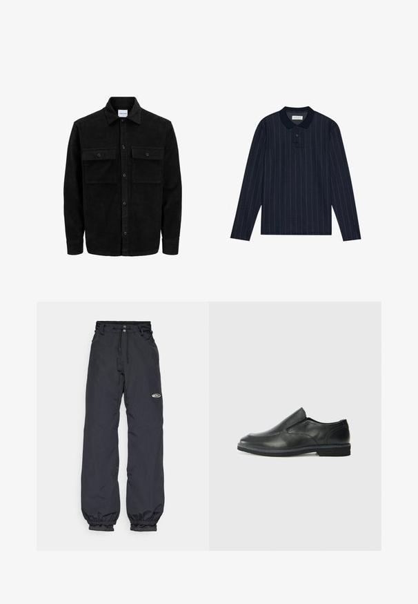 Črna kordurojska jakna z gumbi, z dvema sprednjima žepoma z zavihkom in klasičnim ovratnikom, dolgimi rokavi ter rebrasto teksturo.; Mornarsko modra polo majica z dolgimi rokavi in ovratnikom, ki ima tanke vertikalne črte in zapenjanje na tri gumbe. Mehka tekstura blaga.; Črne vodoodporne hlače z nastavljivim pasom, elastičnimi manšetami in majhnim logotipom na stegnu; lahka tkanina.; Črne usnjene natikače z gladkim zgornjim delom, prišitimi detajli, zaobljenim nosom in nizkim gumijastim petkom. Podplat ima minimalen profil.
