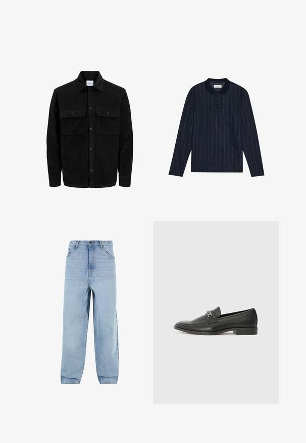 Juodas velveto mygtukų švarkas su dviem priekiniais kišenėmis su atvartais, klasikiniu apykakle, ilgomis rankovėmis ir raukšlėtu paviršiumi.; Jūros mėlynos ilgos rankovės polo marškiniai su apykaklės iškirpte, su plonomis vertikaliomis juostelėmis ir trims mygtukais. Minkšta audinio tekstūra.; Šviesiai mėlynos džinsinės kelnės, laisvo kirpimo, aukštu liemeniu ir penkiomis kišenėmis. Yra diržo kilpos ir sagos uždarymas. Lygus paviršius.; Juodos odinės loafer tipo bateliai su lygiu paviršiumi, turintys siuvinėtą dizainą ir dekoratyvų metalo grandinėlės akcentą ant batų viršaus. Plokščias kulnas.