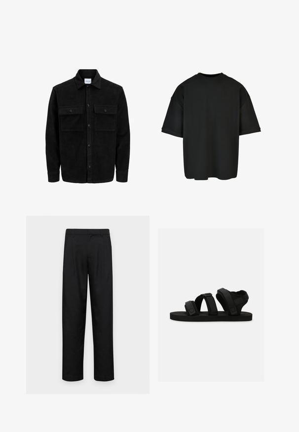 Sort fløjl button-up jakke med to frontlommer og klassisk krave, lange ærmer og ribbet tekstur.; Sort oversized T-shirt lavet af ribbet stof. Rund hals, korte ærmer og en afslappet pasform med en lige kant. Enkel og alsidig design.; Sorte bukser lavet af glat stof, med et lige ben-design, to frontfolder og en standard talje med bæltestropper.; Sorte sandaler med tre justerbare remme, flad sål og en struktureret fodseng for godt greb. Fremstillet af bløde materialer for komfort.