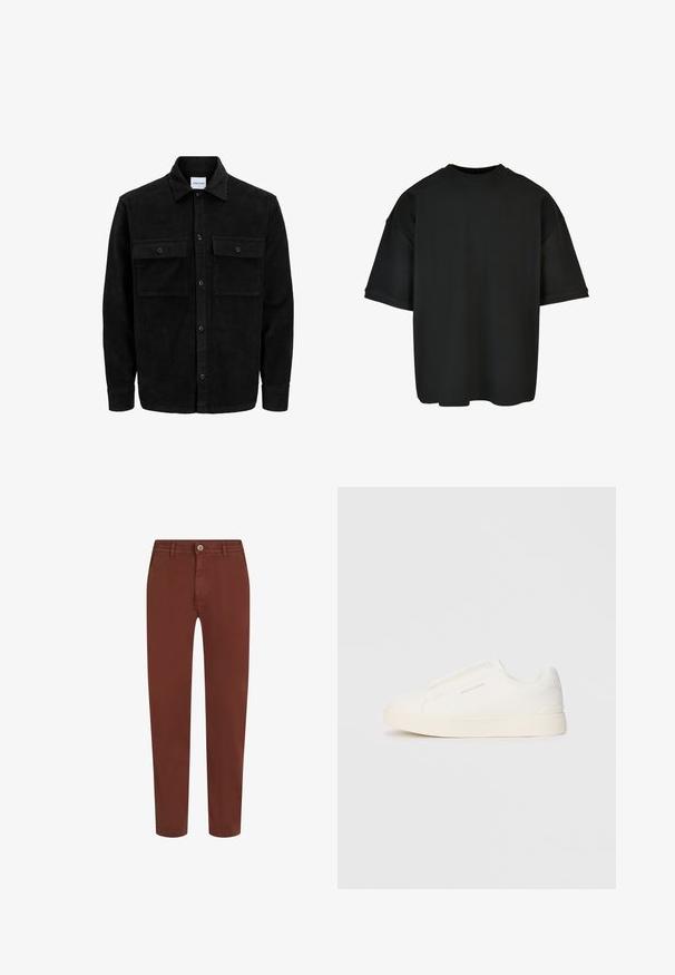 Juodas velveto mygtukų švarkas su dviem priekiniais kišenėmis su atvartais, klasikiniu apykakle, ilgomis rankovėmis ir raukšlėtu paviršiumi.; Juodas oversize marškinėlis pagamintas iš gurguliuojančio audinio. Apvalus kaklas, trumpi rankovių ir laisvas siluetas su tiesiais kraštais. Paprastas ir universalus dizainas.; Rudos tiesaus kojos kelnes su priekiniais mygtukais, diržo kilpelėmis ir šoninėmis kišenėmis, išdėstytos ant balto fono.; Baltos slip-on sportbačiai su tekstūruota paviršiumi, storesniu padu ir minimalistišku dizainu. Šone matosi prekės ženklo logotipas.