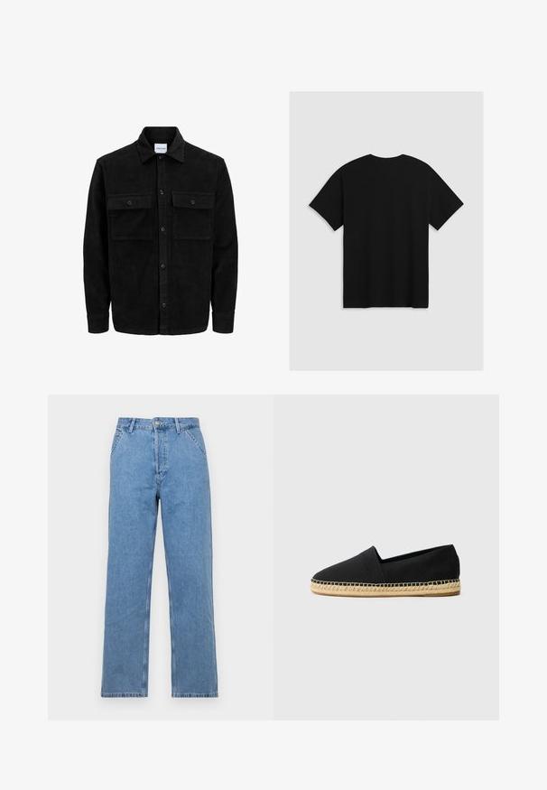 Schwarze Corduroy-Button-Up-Jacke mit zwei frontalem Klappentaschen und klassischem Kragen, langen Ärmeln und gerippter Textur.; Levi's® BOXTAB - T-Shirt print - boxtab in black bas; Helle blaue Denim-Jeans mit geradem Bein und klassischem Fünf-Taschen-Design, ausgestattet mit einem vorderen Knopfverschluss und Gürtelschlaufen. Glatte Textur.; Schwarze Canvas-Espadrilles mit runder Zehenform, ausgestattet mit einer gewebten Jutesohle und einer Stichnaht entlang der Sohlenkante.