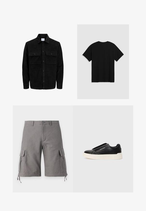 Zwarte corduroy knopenjack met twee voorste klepzakken en een klassieke kraag, lange mouwen en ribbelstructuur.; Levi's® BOXTAB - T-shirt print - boxtab in black bas; Grijze cargoshorts van een katoenmix. Voorzien van zijzakken, verstelbare trekkoorden aan de zoom en een knoopsluiting.; Zwarte slip-on sneaker met een gestructureerde leren bovenkant, witte rubberen zool en geen zichtbare veters. Beschikt over het merkembleem aan de zijkant.