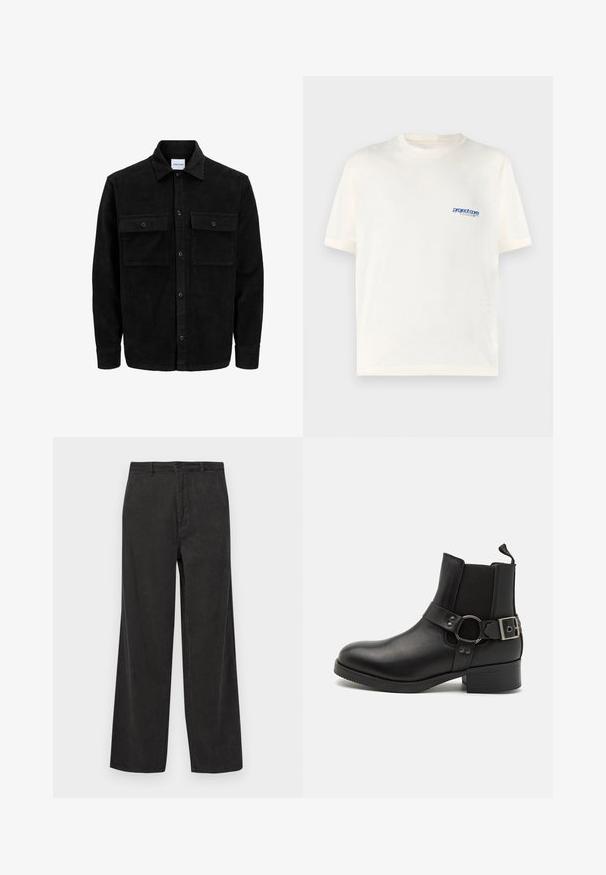 Chaqueta de pana negra con botones, dos bolsillos delanteros con solapa y un cuello clásico, mangas largas y textura acanalada.; Camiseta de manga corta color crema, hecha de algodón suave, con un pequeño logo impreso en azul en la parte izquierda del pecho. Diseño clásico de cuello redondo.; Pantalones de pana negros con un diseño de pierna ancha, que presentan una textura de acanalado vertical, un cierre de cremallera con botón y bolsillos frontales.; Steve Madden ANTONN - Botines camperos - black