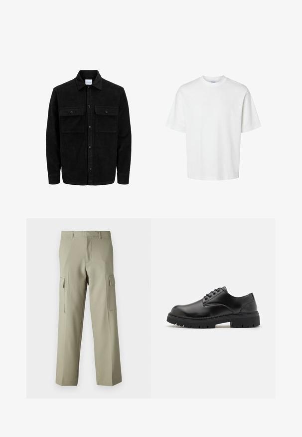 Sort fløjl button-up jakke med to frontlommer og klassisk krave, lange ærmer og ribbet tekstur.; Hvid bomulds T-shirt med korte ærmer, rund halsudskæring og en afslappet pasform. Glat tekstur uden synlige mønstre eller detaljer.; Lysgrønne cargo-bukser med lige ben, der har sidelommer og en glat stofoverflade. Bagsiden vises.; Sorte lædersko med rund tå, snørelukning og en tykk, struktureret gummisål. Har syninger langs kanten og en glat overflade.