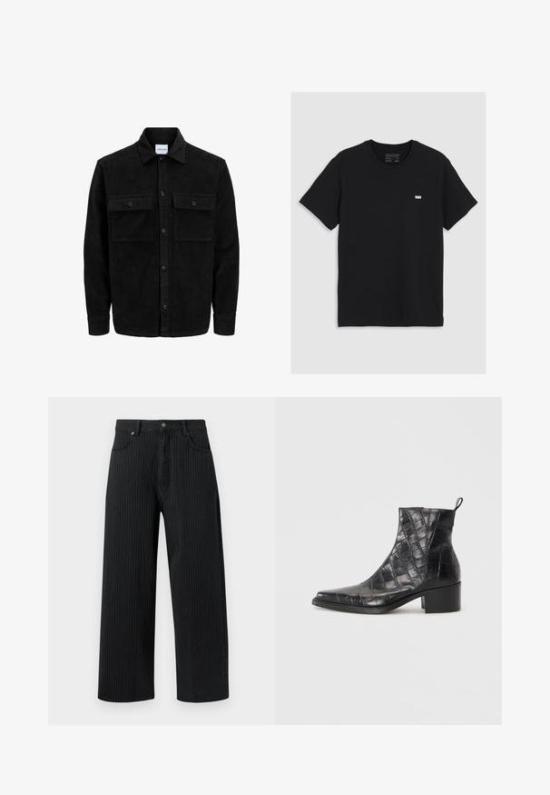 Črna kordurojska jakna z gumbi, z dvema sprednjima žepoma z zavihkom in klasičnim ovratnikom, dolgimi rokavi ter rebrasto teksturo.; Črna bombažna majica s kratkimi rokavi, okroglo izrezana, z manjšim belim logotipom Levi's na prsih, gladka tekstura, klasičen kroj.; Črne široke hlače z opr (pinstripe) vzorcem, izdelane iz bombaža z teksturiranim zaključkom. Imajo sprednje žepke in gumbasto zapiranje v pasu.; Črne gležnjarje iz strukturirane umetne usnje s krokodilnim vzorcem, z kvadratnim nosom in blokastim peto.