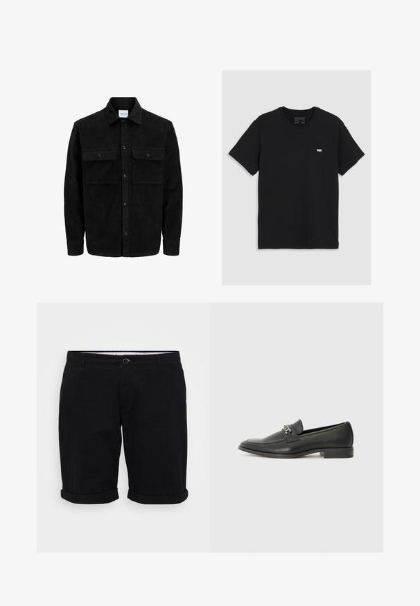 Svart kordfløyels knappjakke med to frontlommer med klaff og klassisk krage, lange ermer og ribbet tekstur.; Svart bomulls t-skjorte med korte ermer, rund halslinning, har en liten hvit Levi's-logo på brystet, glatt tekstur, klassisk passform.; Sorte bomullsshortser med rett snitt, oppbrettede ermer og frontknapping. Har lommer og et mønstret indre belte.; Sorte skinnloafers med en glatt finish, og med en sydd design og en dekorativ metallkjedeakcent over foten. Flat hæl.