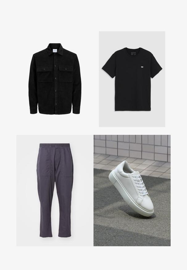 Sort fløjl button-up jakke med to frontlommer og klassisk krave, lange ærmer og ribbet tekstur.; Sort bomulds t-shirt med korte ærmer, rund halsudskæring, har et lille hvidt Levi's-logo på brystet, glat tekstur, klassisk pasform.; Mørkegrå, letvægtsbukser med elastisk talje, to frontlommer, lige ben-design og en glat tekstur.; Hvide lædersneakers med en glat overflade, rund tå og flade hvide snørebånd. Har en tekstureret gummisål og minimalt design.