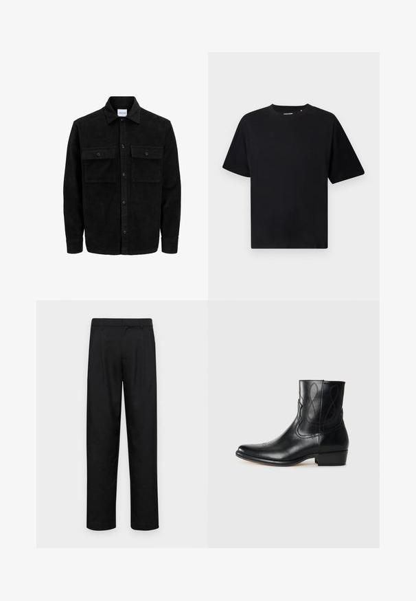 Giacca in corduroy nera con bottoni, due tasche anteriori con patta, colletto classico, maniche lunghe e texture a coste.; Maglietta nera a maniche corte con collo rotondo e vestibilità rilassata, esposta su uno sfondo bianco.; Pantaloni neri realizzati in tessuto liscio, caratterizzati da un taglio dritto, due pieghe frontali e una vita standard con passanti per la cintura.; Stivaletto in pelle nera con punta affusolata, cuciture decorative e tacco a blocco basso. Texture liscia con accenti di design sottili.