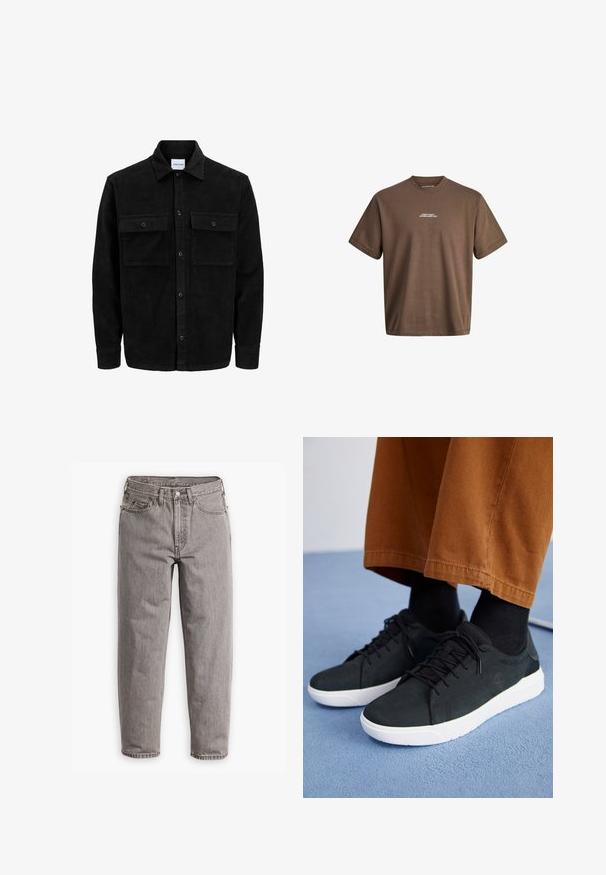 Černá kordurová košile s knoflíky, dvěma předními klopovými kapsami a klasickým límcem, dlouhými rukávy a vroubkovanou texturou.; Hnědý bavlněný tričko s kulatým výstřihem a krátkými rukávy. Na přední straně se nachází bílý text "CORE DEPT. ESTABLISHED 1990".; Šedé denimové džíny s vysokým pasem, rovnými nohavicemi, mírným vyblednutím, pěti kapsami a kovovým zapínáním.; Černé semišové tenisky s bílými gumovými podešvemi, s šněrovacím designem, texturovanými detaily a jemným logem, spárované s hnědými kalhotami.