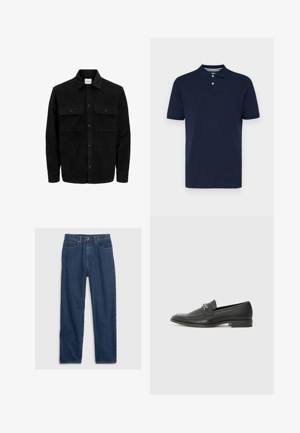 Black corduroy button-up jacket with two front flap pockets and a classic collar, long sleeves, and ribbed texture.; Navy blue short-sleeve polo shirt made of cotton, featuring a collared neckline with three buttons and subtle horizontal stripes on the collar.; Denim jeans in dark blue with a straight cut, featuring five-pocket design, top button, and copper rivet accents.; Black leather loafer with a smooth finish, featuring a stitched design and a decorative metal chain accent across the vamp. Flat heel.
