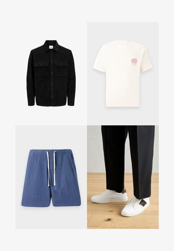 Mustmustöös nupuga jope, millel on kaks eesmist klapiga taskut ja klassikaline kaelus, pikad varrukad ning ribakujuline tekstuur.; Valge lühikeste varrukatega T-särk, millel on vasakul rinnal punane tekst "Studio Originals Edition", esitatud neutraalsel hallil taustal.; Textureeritud sinised ujumispüksid, millel on teemantmustri, elastne vöökoht ja valged paelad kindla sobivuse jaoks.; Valged sneakersid siledat tekstuurist, millel on pruunad nahast detailid ja mustad aksessuaarid, millele on sobitatud mustad kohandatud püksid. Puitpõranda taust.