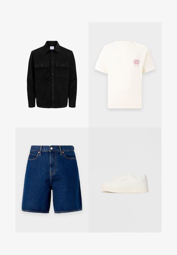 Mustmustöös nupuga jope, millel on kaks eesmist klapiga taskut ja klassikaline kaelus, pikad varrukad ning ribakujuline tekstuur.; Valge lühikeste varrukatega T-särk, millel on vasakul rinnal punane tekst "Studio Originals Edition", esitatud neutraalsel hallil taustal.; Tumed sinised denim lühikesed püksid keskmise tõusuga, viie taskuga, vaskmetalli detailidega ja kontrastset oranži tikandiga.; Valged libisemiskindlad tossud tekstuuriga pinnaga, paksu tallaga ja minimalistikus disainis. Küljel on brändi logo.