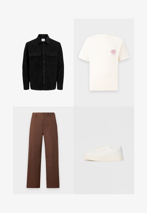 Veste en velours côtelé noire à boutons, avec deux poches à rabat à l'avant et un col classique, des manches longues et une texture côtelée.; T-shirt blanc à manches courtes avec le texte rouge "Édition Originals du Studio" sur la poitrine gauche, présenté sur un fond gris neutre.; Pantalons larges marron en tissu de coton lisse. Comprend une fermeture à bouton, des passants de ceinture et deux poches avant.; Baskets blanches sans lacets avec une surface texturée, une semelle épaisse et un design minimaliste. Présente le logo de la marque sur le côté.