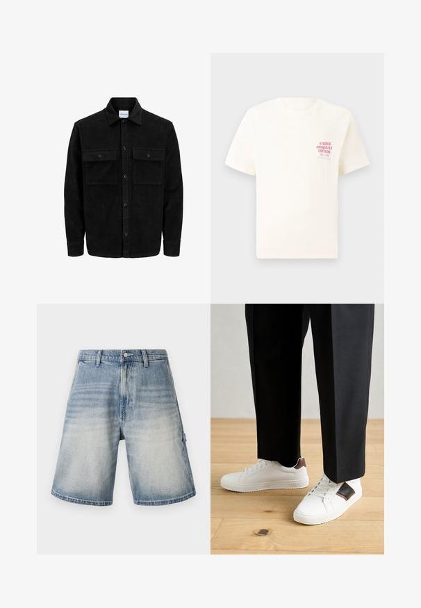 Čierna kordúrová bunda s gombíkmi, dvoma prednými vreckami so záklopkou a klasickým golierom, dlhými rukávmi a ryhovanou textúrou.; Biele tričko s krátkym rukávom s červeným textom "Studio Originals Edition" na ľavej hrudi, zobrazené na neutrálnom šedom pozadí.; Denimové šortky s vyblednutou modrou farbou, voľným strihom a rovnou siluetou. Obsahujú päť vreciek a pútka na opasok s jemným opotrebovaným vzorom.; Biele tenisky s hladkým povrchom, s hnedými koženými akcentmi a čiernymi detailmi, spárované s čiernymi elegantnými nohavicami. Pozadím je drevená podlaha.