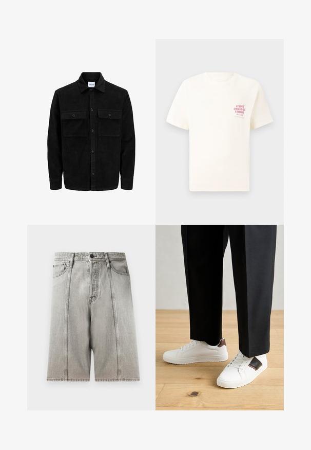 Mustmustöös nupuga jope, millel on kaks eesmist klapiga taskut ja klassikaline kaelus, pikad varrukad ning ribakujuline tekstuur.; Valge lühikeste varrukatega T-särk, millel on vasakul rinnal punane tekst "Studio Originals Edition", esitatud neutraalsel hallil taustal.; Hallukas hallaste värvi teksashorts, millel on sirge lõike, kaks eesmist taskut, nööbiga sule ja kontrastsete õmblustega detailid.; Valged sneakersid siledat tekstuurist, millel on pruunad nahast detailid ja mustad aksessuaarid, millele on sobitatud mustad kohandatud püksid. Puitpõranda taust.