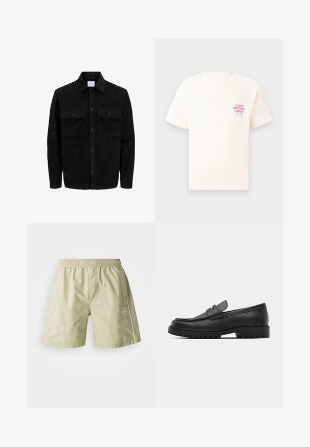 Juodas velveto mygtukų švarkas su dviem priekiniais kišenėmis su atvartais, klasikiniu apykakle, ilgomis rankovėmis ir raukšlėtu paviršiumi.; Balta trumpa rankovėmis marškinėliai su raudonu užrašu "Studio Originals Edition" kairiajame krūtinės šone, rodomi neutralioje pilkoje aplinkoje.; Šviesiai žali šortai, pagaminti iš lygaus audinio, su elastinga juosta, šoninėmis kišenėmis, baltais akcentais ir logotipu kairiajame šone.; Juodi odiniai loaferiai su apvalia nosimi, su siuvinėtu dizainu, žemu platformos padu ir tekstūruotu, sukibimo raštu padu.