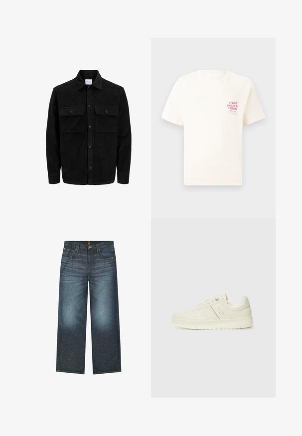 Črna kordurojska jakna z gumbi, z dvema sprednjima žepoma z zavihkom in klasičnim ovratnikom, dolgimi rokavi ter rebrasto teksturo.; Bela majica s kratkimi rokavi z rdečim napisom "Studio Originals Edition" na levi strani prsnega koša, prikazana na nevtralnem sivo backgroundu.; Temno modri široki jeans iz denima, ki vsebujejo pet žepov, kontrastno šivanje in gumbasto zapiranje na pasu.; Sneaker v kremni barvi s perforiranim detajlom, vezalkami in logotipom na strani, prikazan na enostavni beli ozadju.