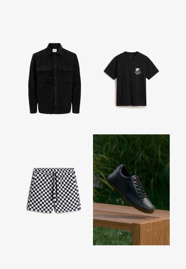 Veste en velours côtelé noire à boutons, avec deux poches à rabat à l'avant et un col classique, des manches longues et une texture côtelée.; T-shirt en coton noir à manches courtes. L'avant présente un logo "VANS" blanc et le texte "OFF THE WALL" dans un design rectangulaire.; Shorts de bain à carreaux noir et blanc avec une taille élastique, un cordon de serrage et des poches latérales, présentant un tissu lisse et léger.; Sneaker en cuir noir avec une texture lisse, bout rond et lacets plats, positionné au-dessus d'une surface en bois avec de l'herbe verte en arrière-plan.