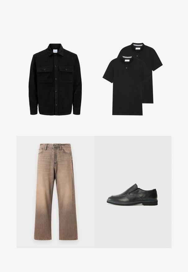 Czarna kurtka z korduru z guzikami, z dwoma przednimi kieszeniami na klapki oraz klasycznym kołnierzem, długimi rękawami i ryżowym splotem.; Dwie czarne koszulki polo z krótkim rękawem, wykonane z materiału bawełnianego, z klasycznym kołnierzykiem, z zapięciem na dwa guziki oraz białymi paskami wewnątrz kołnierza.; Jeans o szerokich nogawkach w gradientowym brązowym odcieniu, z klasycznym pięciopocketowym wzorem, szlufkami na pasek oraz kontrastowym przeszyciem na gładkim denimu.; Czarne skórzane buty wsuwane z gładką cholewką, przeszyciami, okrągłym noskiem i niskim gumowym obcasem. Podeszwa ma minimalny bieżnik.