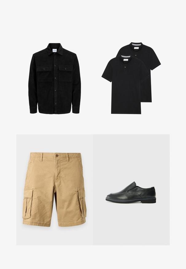 Chaqueta de pana negra con botones, dos bolsillos delanteros con solapa y un cuello clásico, mangas largas y textura acanalada.; Dos camisetas polo negras, de manga corta, de material de algodón, que presentan un cuello clásico, una tapeta de dos botones y acentos de rayas blancas en el interior del cuello.; Pantalones cortos cargo beige hechos de algodón ligero, con dos grandes bolsillos laterales, cierre de botón y cinturas para cinturón. Textura suave.; Zapato negro de cuero sin cordones con un upper suave, detalles de costura, punta redonda y un bajo tacón de goma. La suela presenta una tracción mínima.