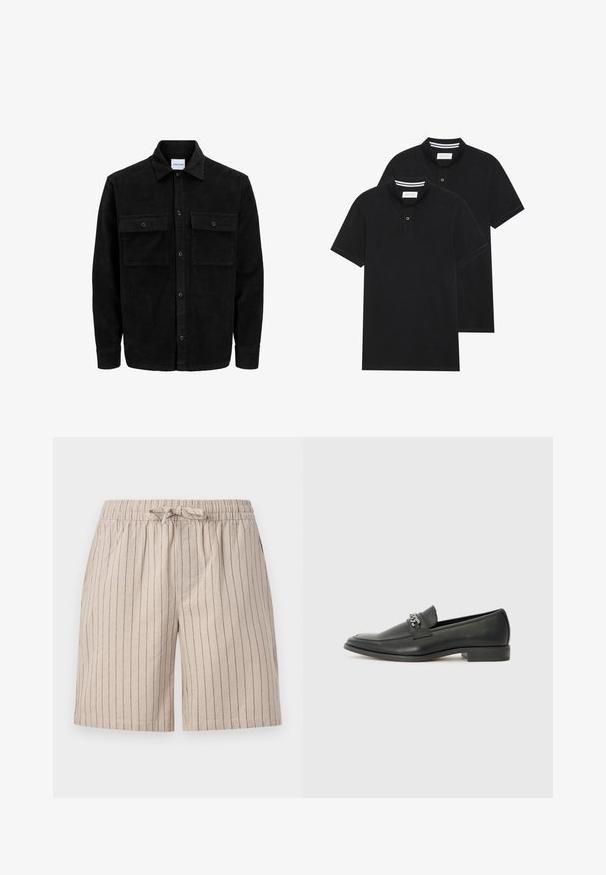 Black corduroy button-up jacket with two front flap pockets and a classic collar, long sleeves, and ribbed texture.; Two black polo shirts, short-sleeved, cotton material, featuring a classic collar, two-button placket, and white striped accents inside the collar.; Beige striped shorts made of lightweight fabric. Features an elastic waistband with a drawstring and side pockets. Vertical pinstripes detail.; Black leather loafer with a smooth finish, featuring a stitched design and a decorative metal chain accent across the vamp. Flat heel.
