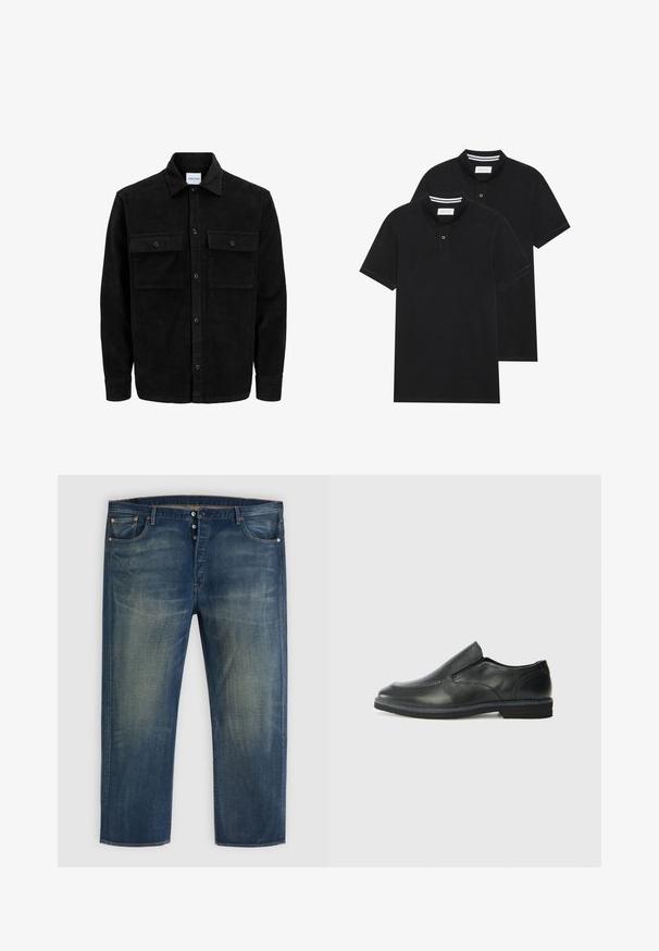 Svart kordflodjacka med knappar, två framfickor med klaff och klassisk krage, långa ärmar och ribbad textur.; Två svarta polo t-shirts, kortärmade, i bomullsmaterial, med en klassisk krage, tvåknappsslutning och vita randiga accenter inuti kragen.; Blå denimjeans med knapstängning, klassisk femfickadesign och urtvättad detaljer på låren och knäna.; Svart lädersko i slip-on-modell med en slät ovandel, sömnadsdetaljer, rund tå och låg gummihäl. Sulan har minimal mönstring.